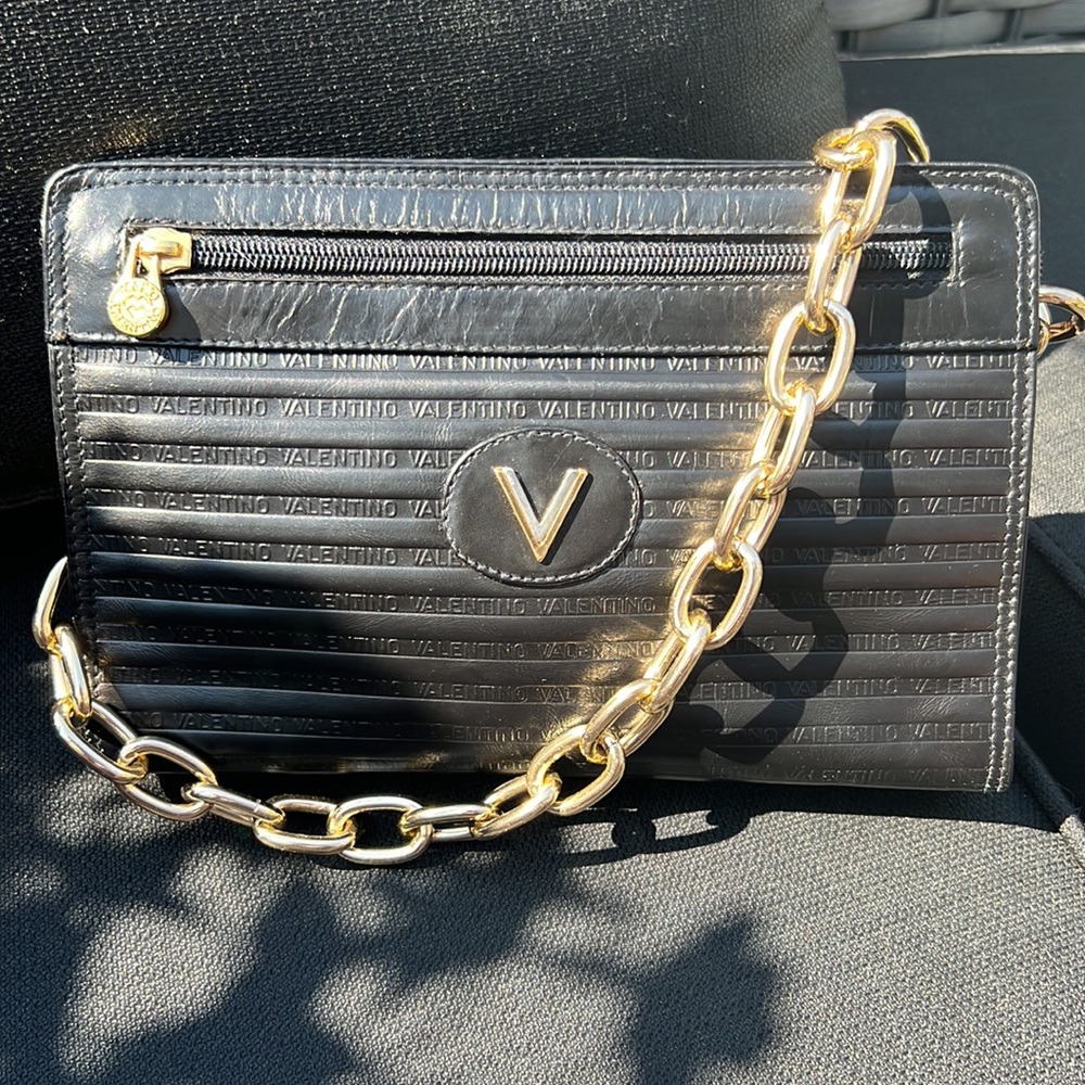 Valentino Black Clutch With Gold Chunky Chain